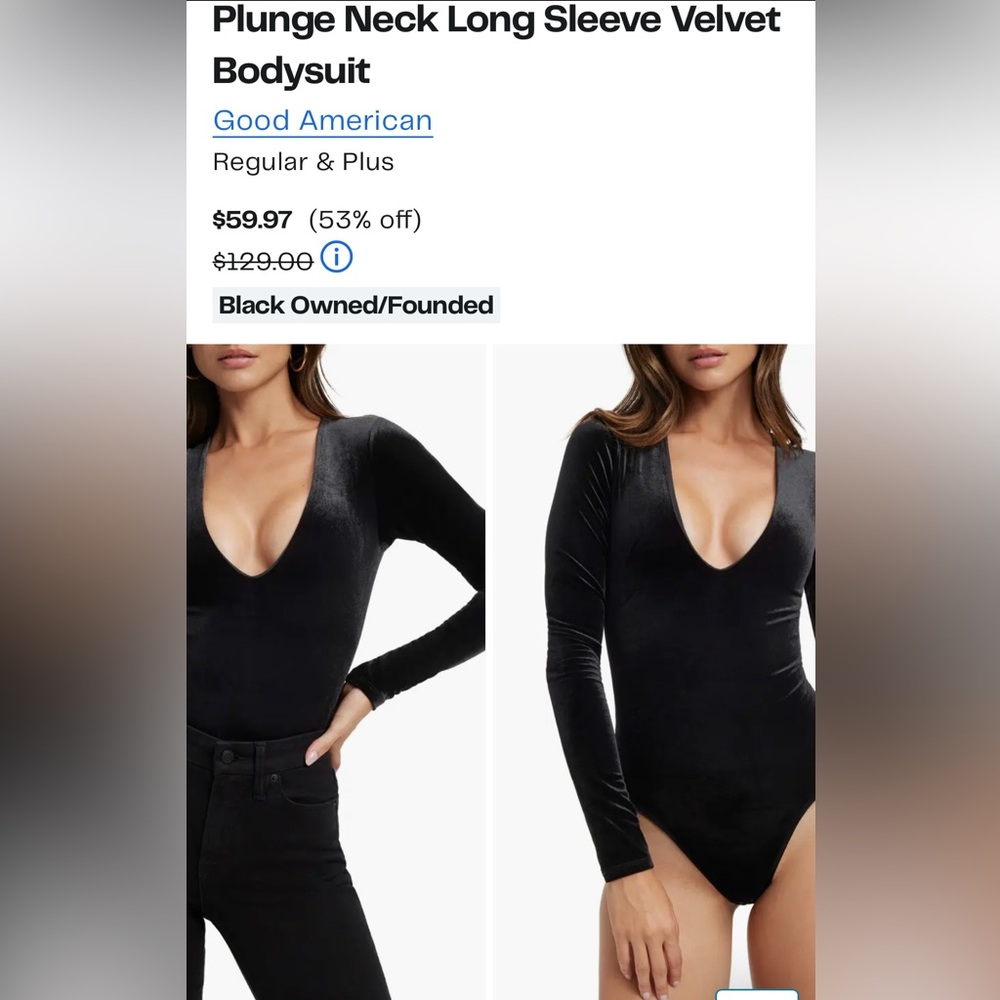 NWT Good American - Plunge Neck Long Sleeve Velvet Bodysuit